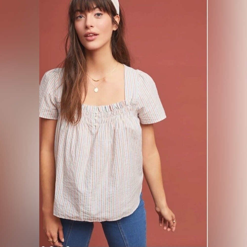 Anthropologie Isabella Sinclair‎ Striped Smocked Neck Short Sleeve White Red S